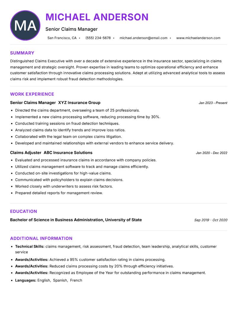 Claims Executive resume example