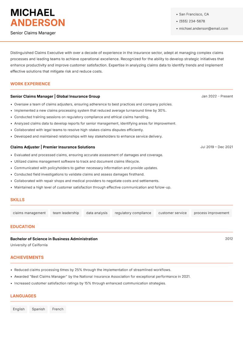 Claims Executive resume sample — Senior Claims Manager focus