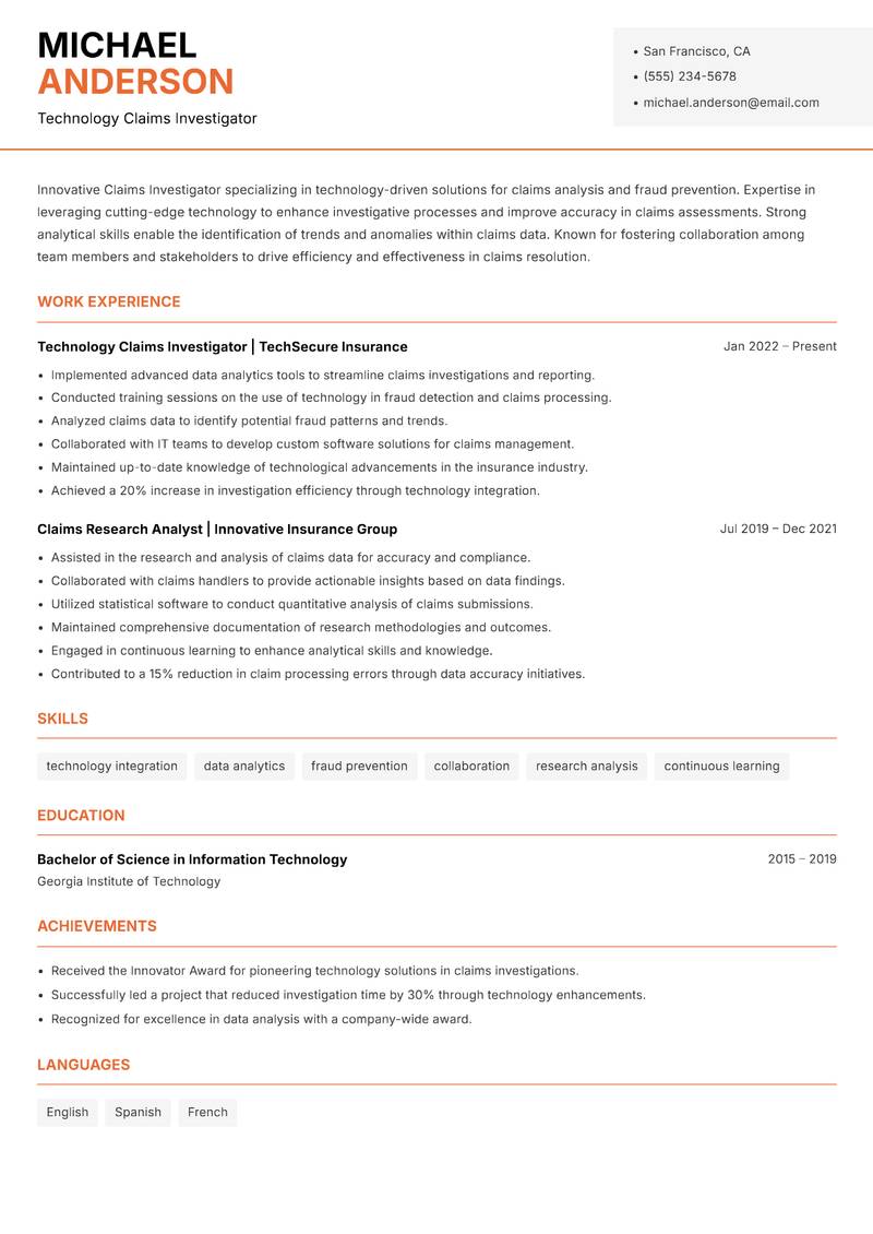 Claims Investigator resume sample — Technology Claims Investigator focus