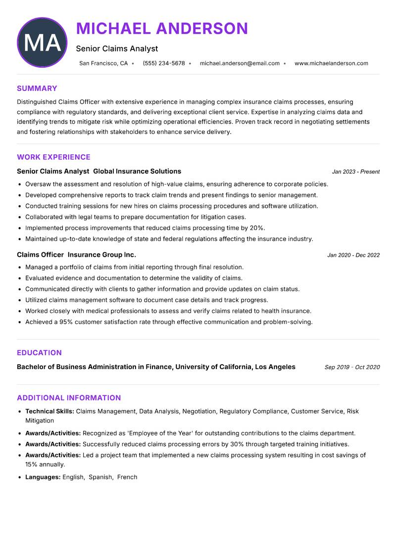 Claims Officer resume example