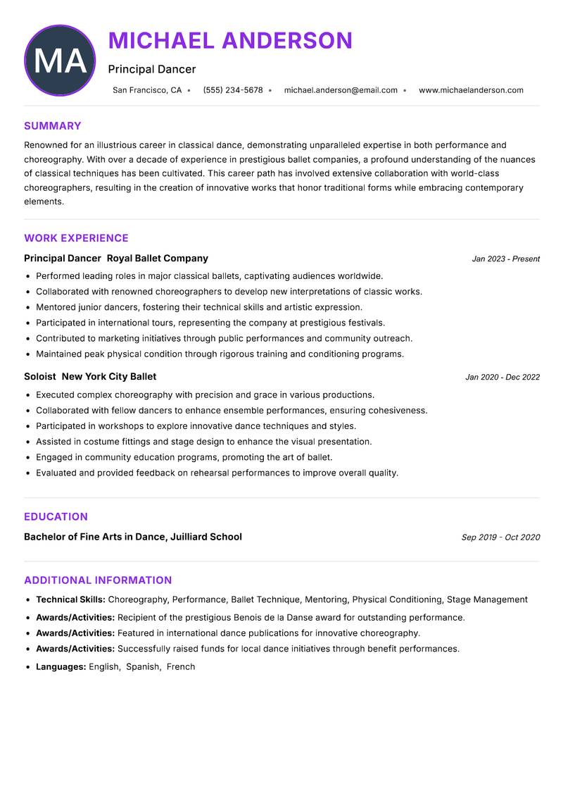 Classical Dancer resume example