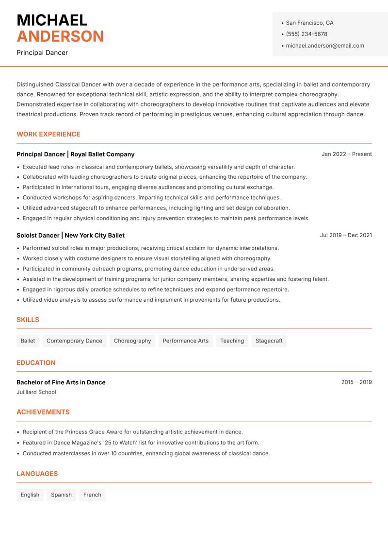 Classical Dancer resume sample — Principal Dancer focus