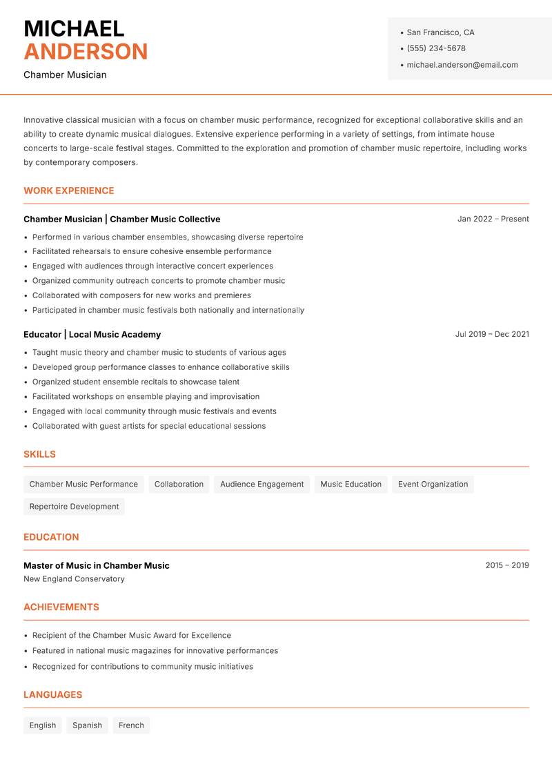Classical Musician resume sample — Chamber Musician focus