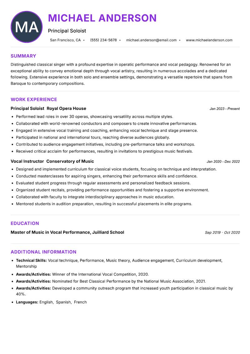 Classical Singer resume example