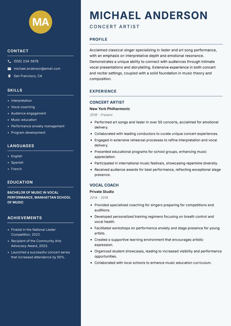 Classical Singer resume sample — Concert Artist focus