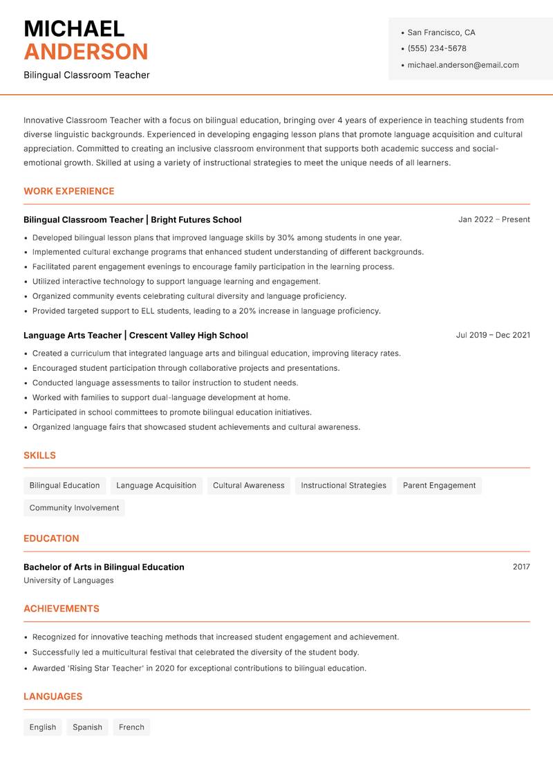 Classroom Teacher resume sample — Bilingual Classroom Teacher focus