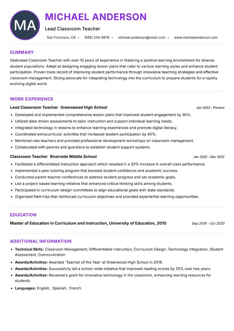 Classroom Teacher resume example