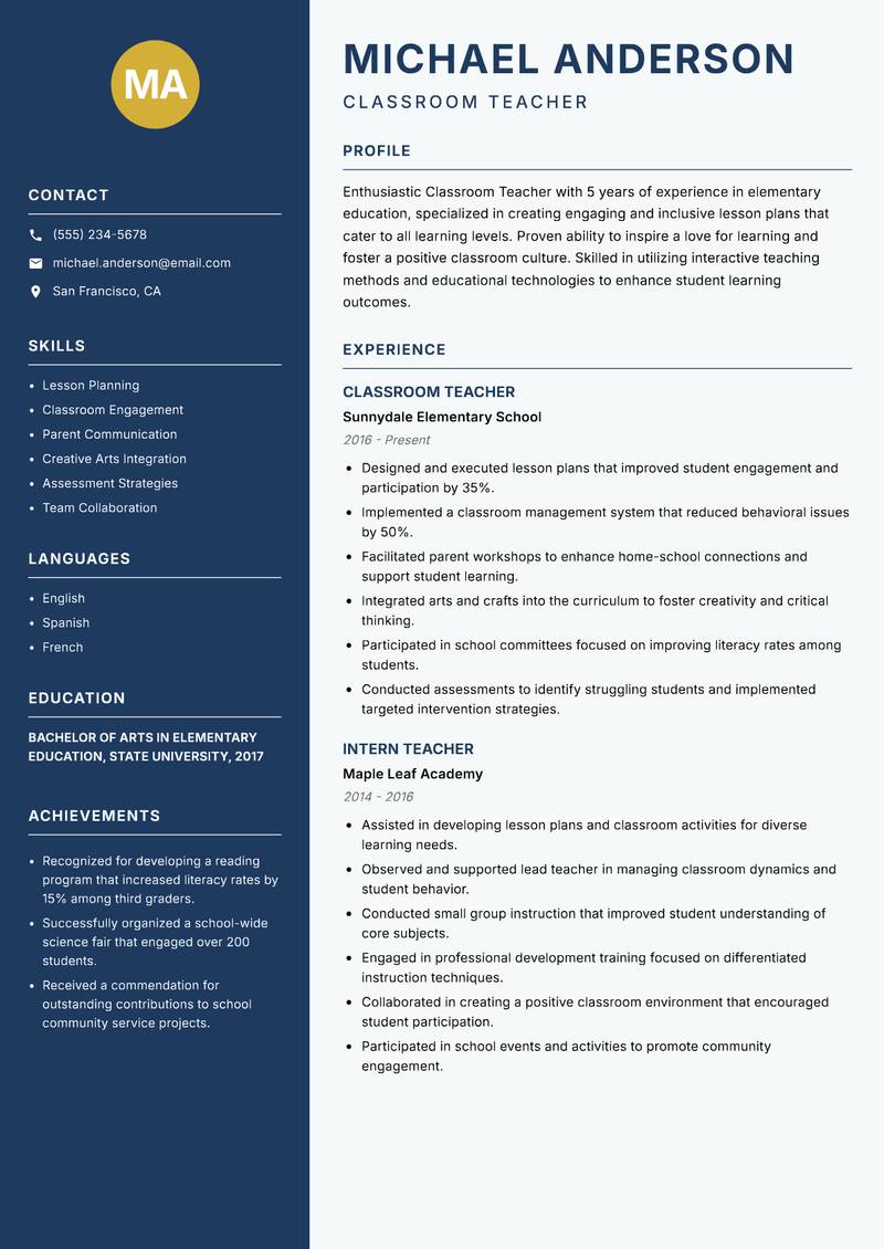 Classroom Teacher resume sample — Classroom Teacher focus