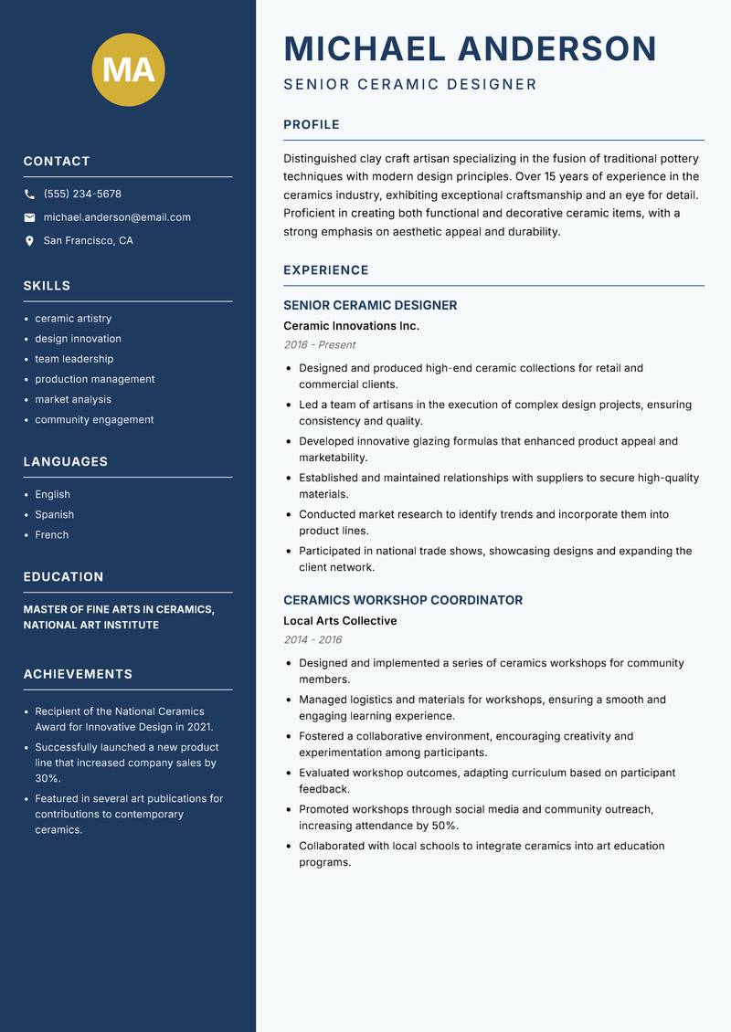 Clay Craft Artisan resume sample — Senior Ceramic Designer focus