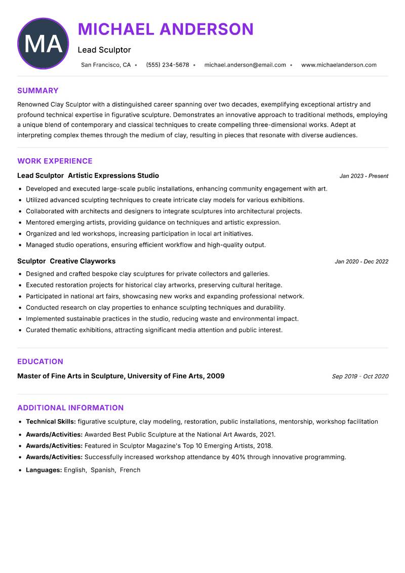 Clay Sculptor resume example