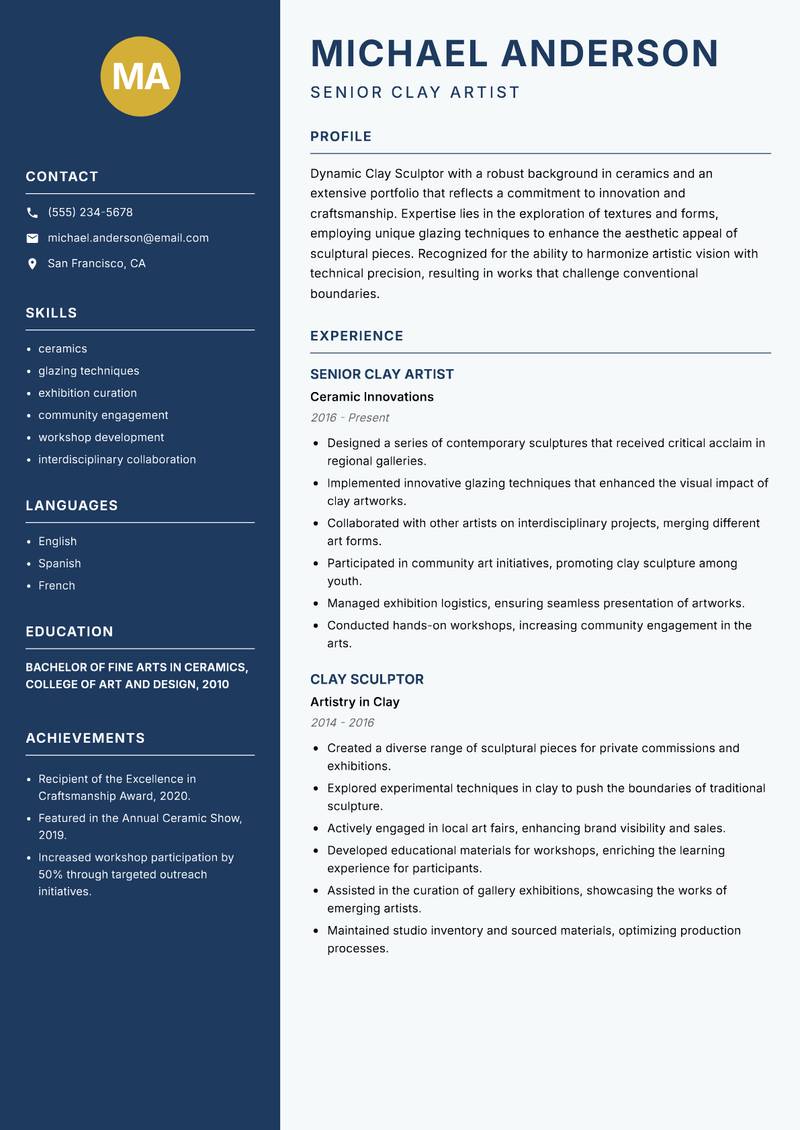 Clay Sculptor resume sample — Senior Clay Artist focus