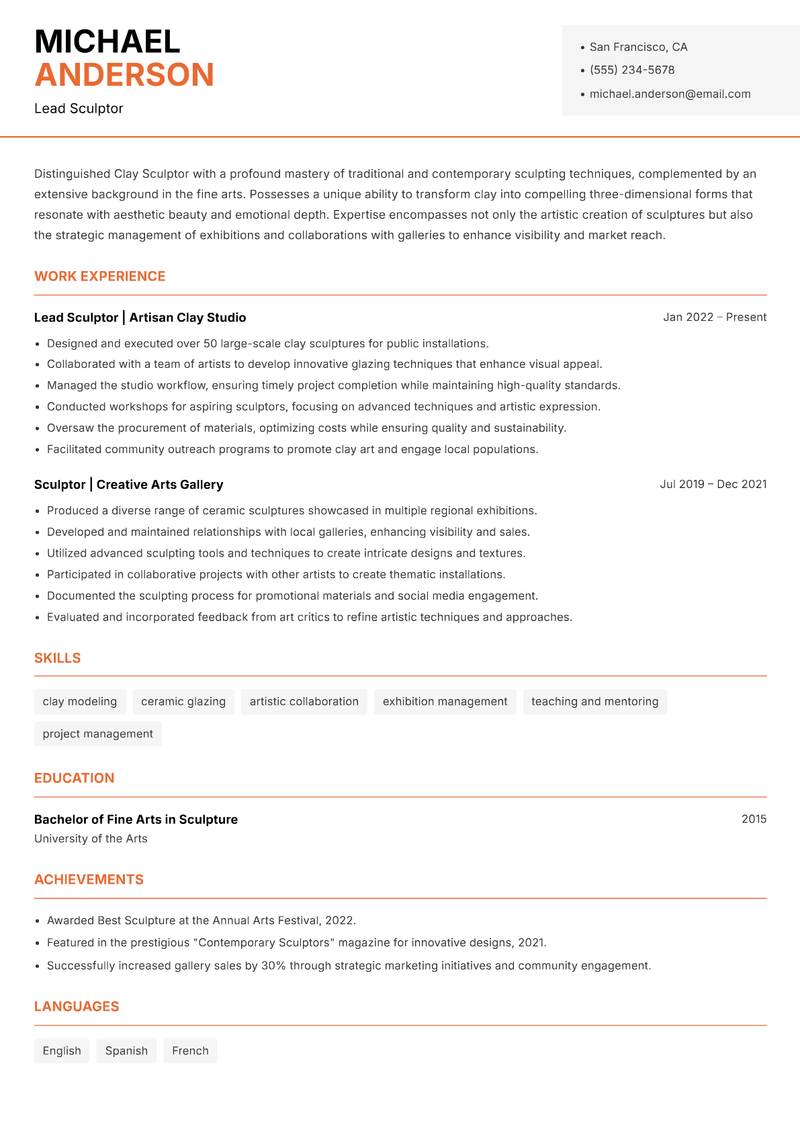 Clay Sculptor resume sample — Lead Sculptor focus