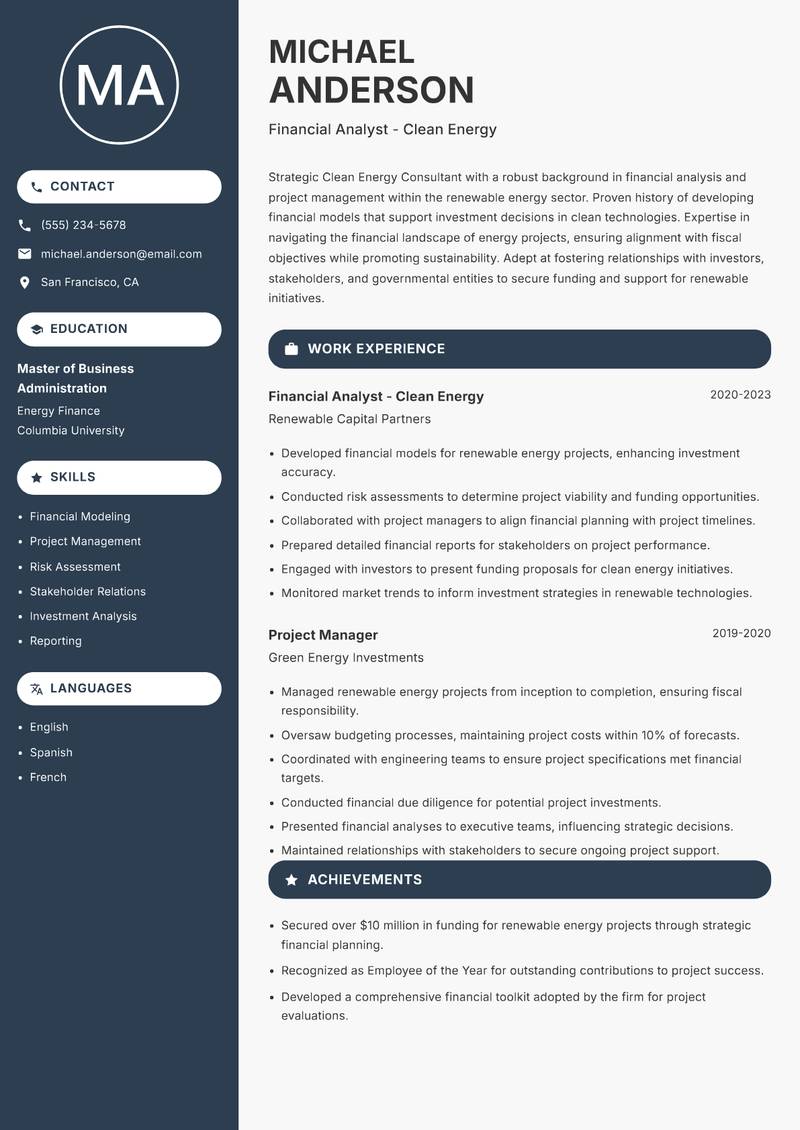 Clean Energy Consultant resume sample — Financial Analyst - Clean Energy focus