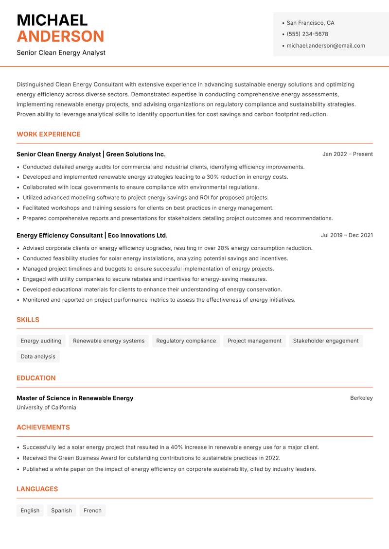 Clean Energy Consultant resume sample — Senior Clean Energy Analyst focus