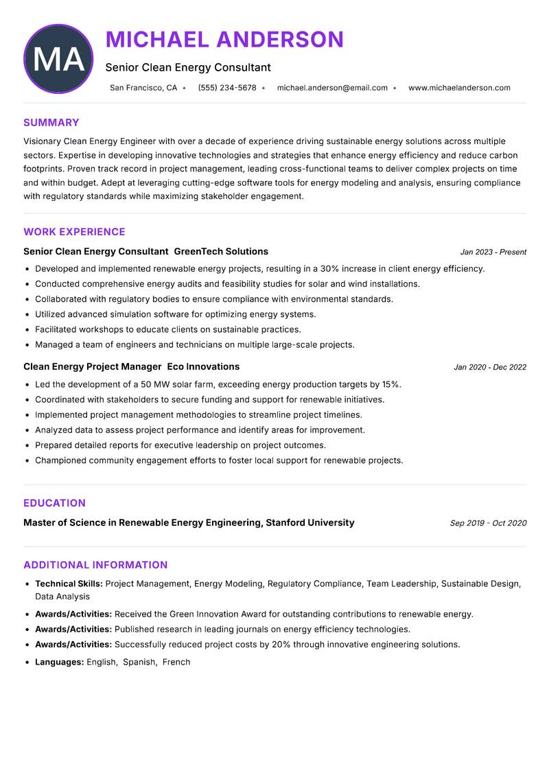 Clean Energy Engineer resume example