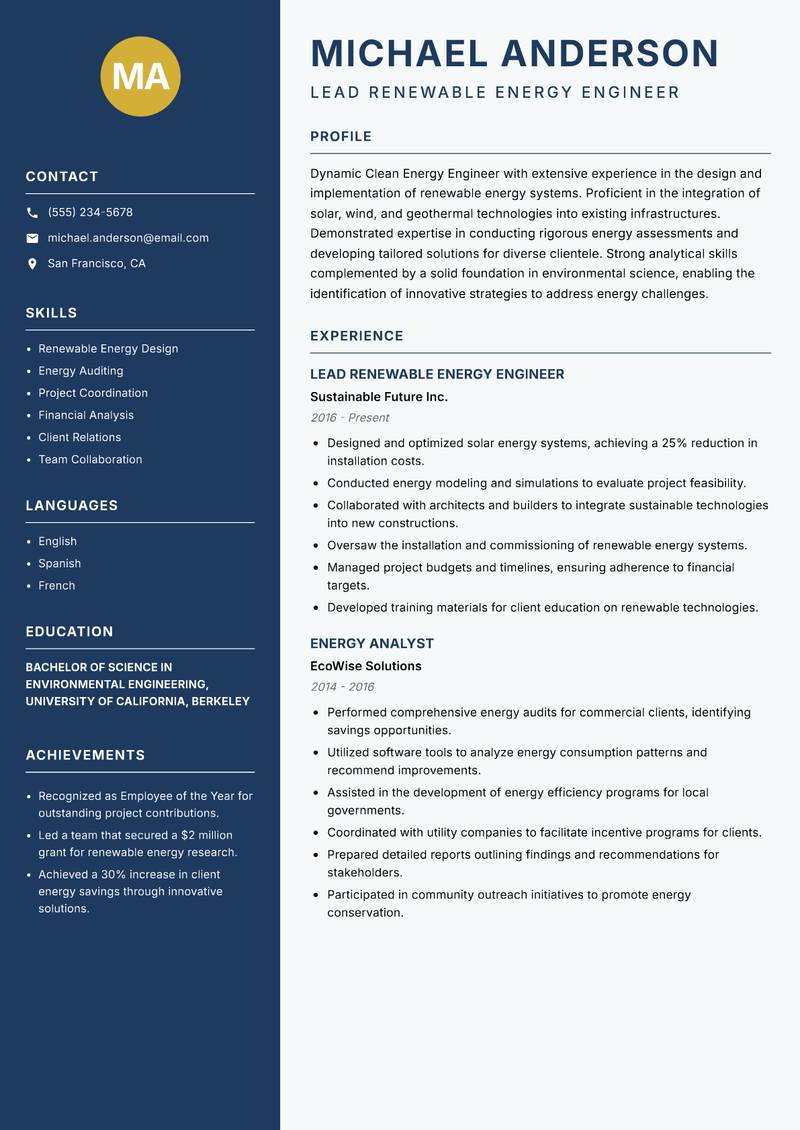 Clean Energy Engineer resume sample — Lead Renewable Energy Engineer focus