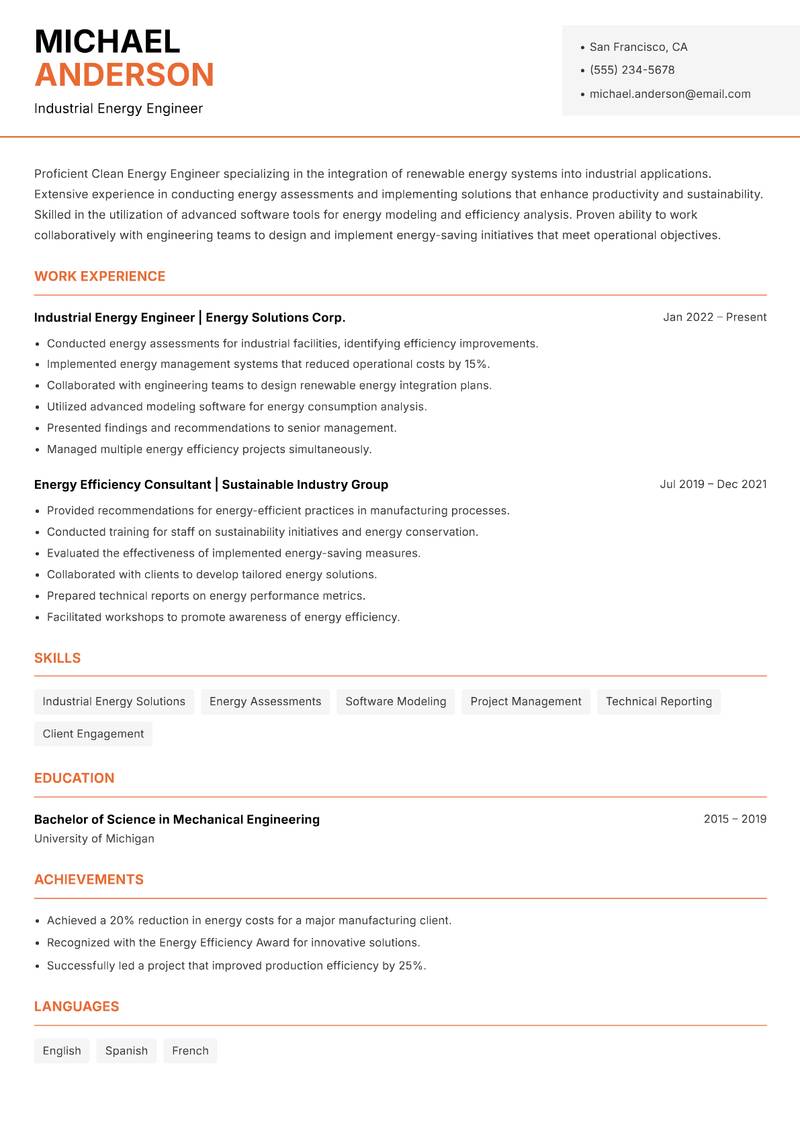 Clean Energy Engineer resume sample — Industrial Energy Engineer focus