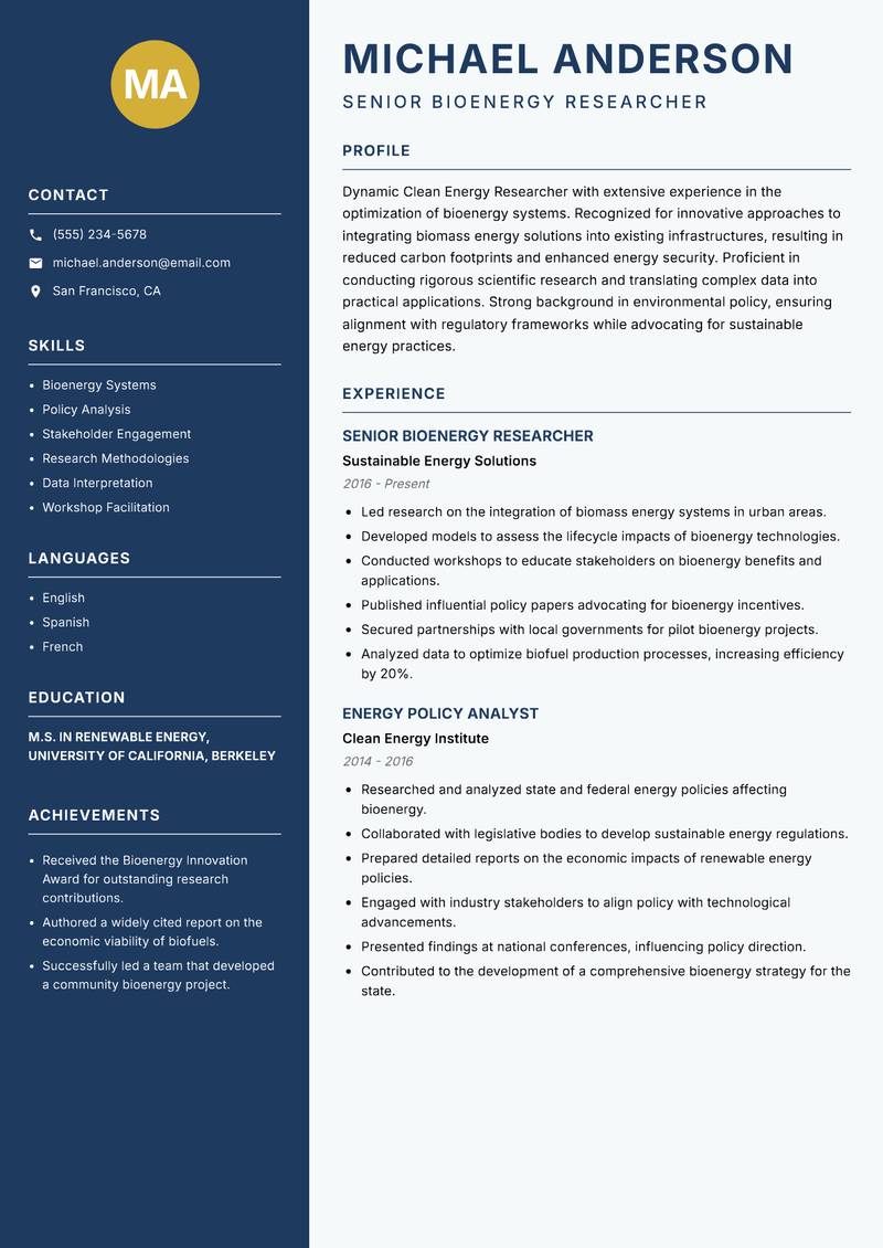 Clean Energy Researcher resume sample — Senior Bioenergy Researcher focus