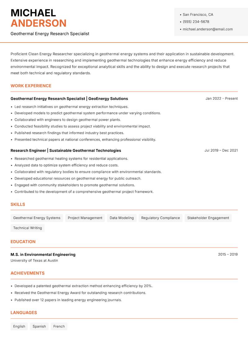 Clean Energy Researcher resume sample — Geothermal Energy Research Specialist focus