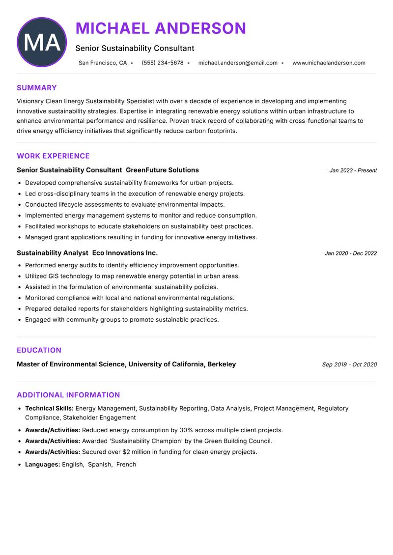 Clean Energy Sustainability Specialist resume example