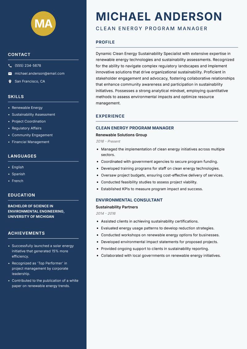 Clean Energy Sustainability Specialist resume sample — Clean Energy Program Manager focus