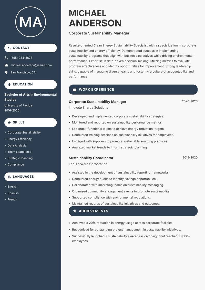 Clean Energy Sustainability Specialist resume sample — Corporate Sustainability Manager focus