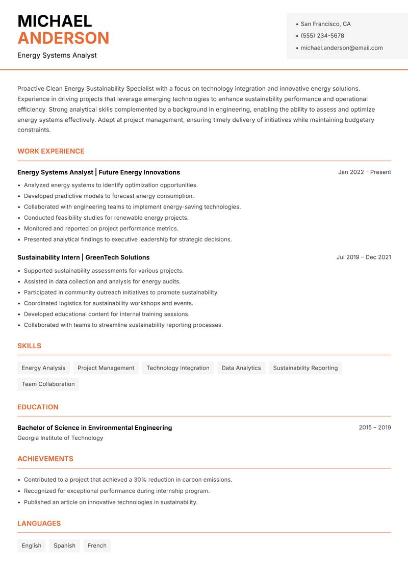 Clean Energy Sustainability Specialist resume sample — Energy Systems Analyst focus