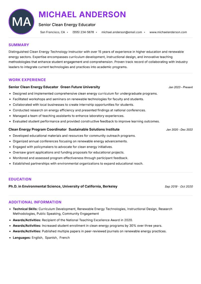 Clean Energy Technology Instructor resume example