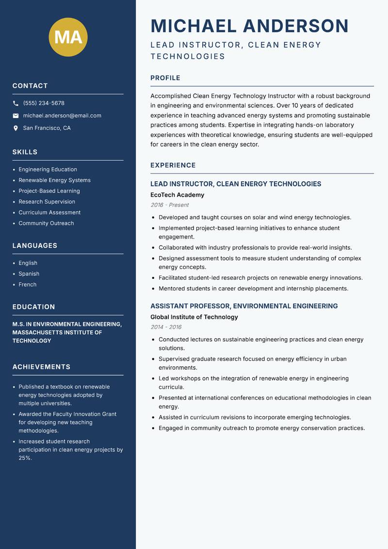 Clean Energy Technology Instructor resume sample — Lead Instructor, Clean Energy Technologies focus