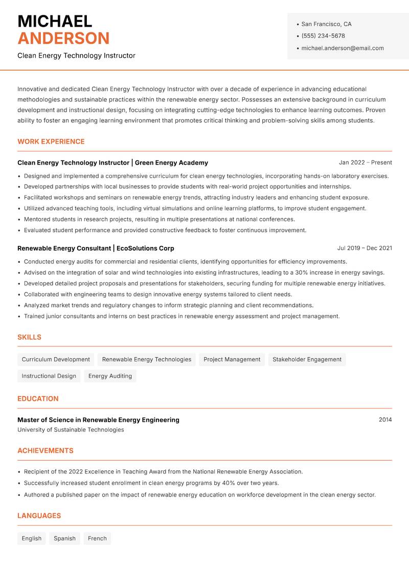 Clean Energy Technology Instructor resume sample — Clean Energy Technology Instructor focus