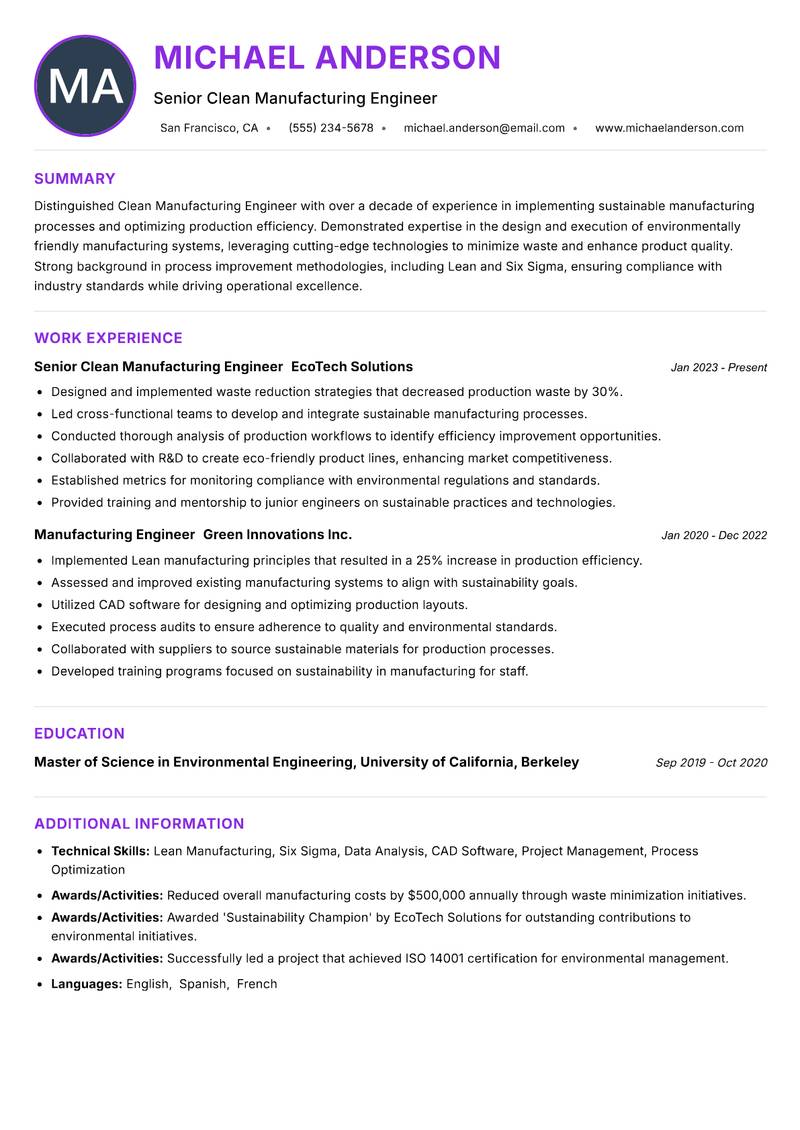 Clean Manufacturing Engineer resume example