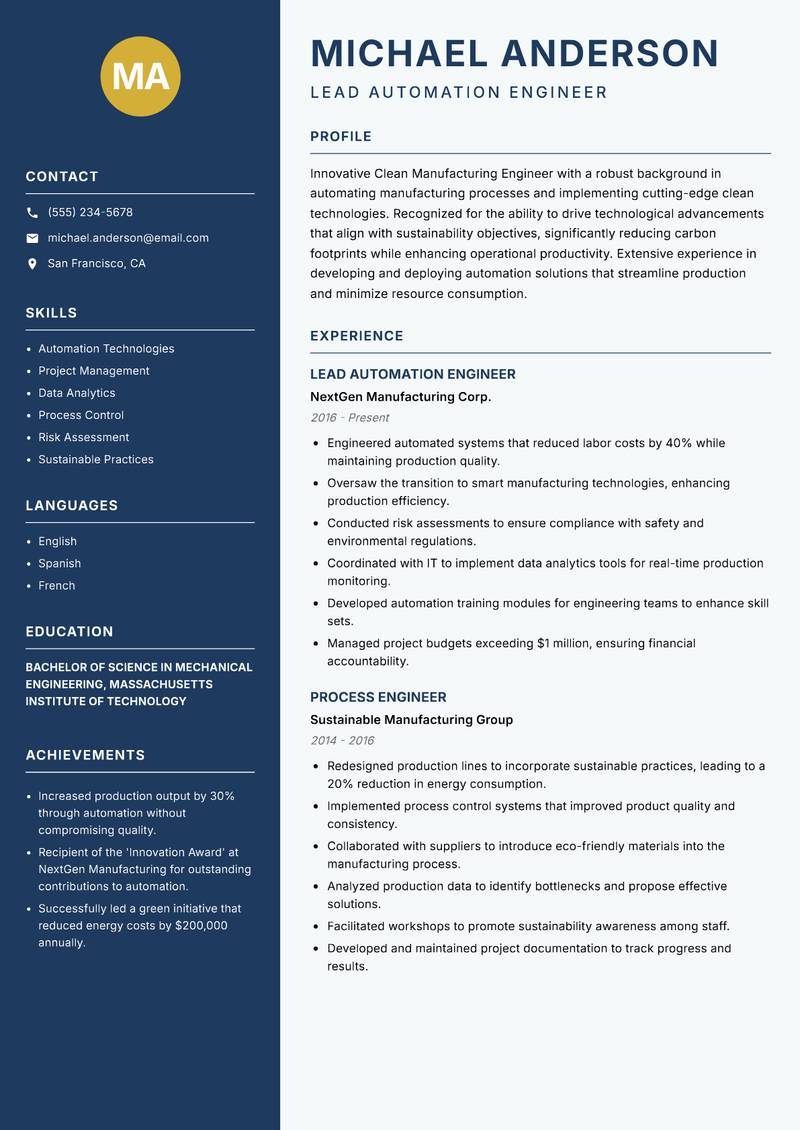 Clean Manufacturing Engineer resume sample — Lead Automation Engineer focus