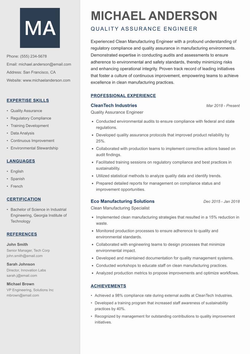 Clean Manufacturing Engineer resume sample — Quality Assurance Engineer focus