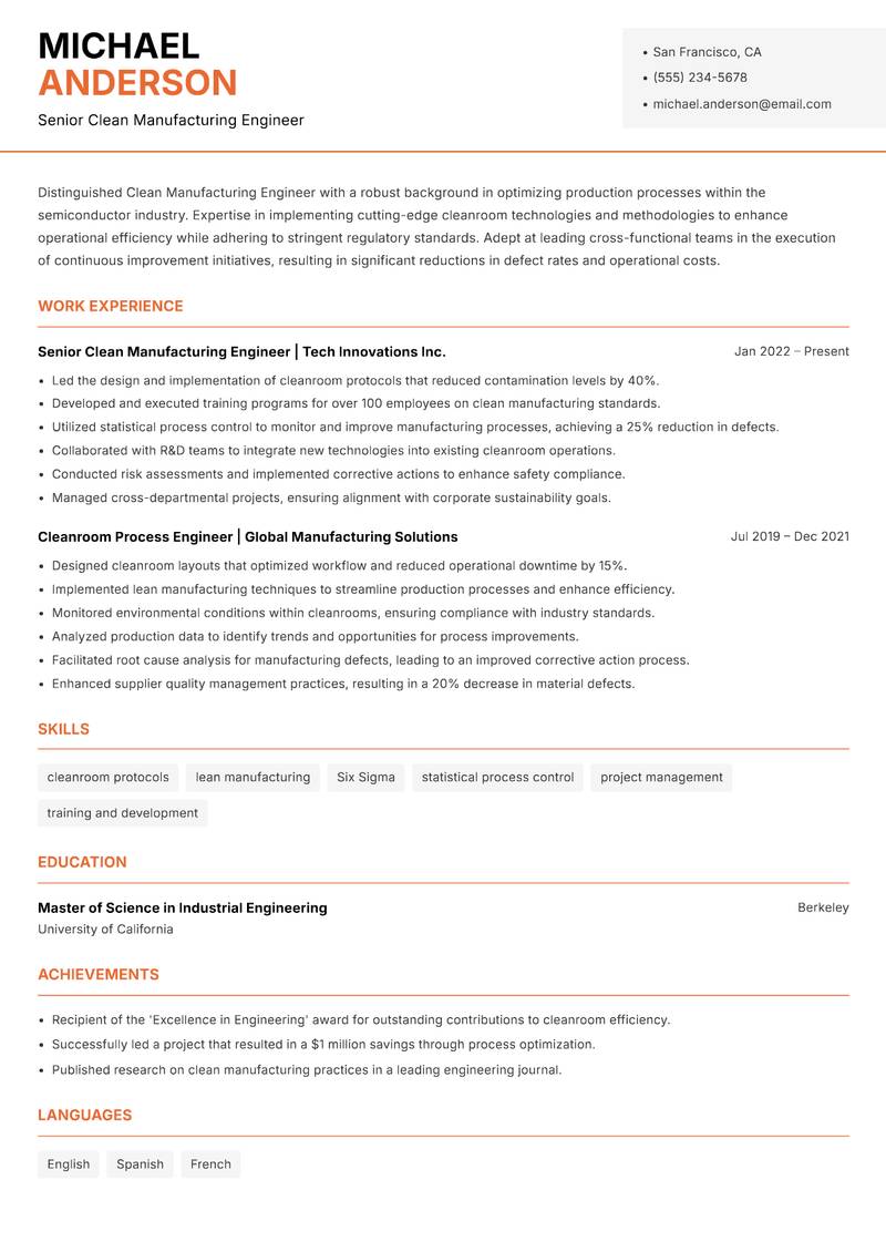 Clean Manufacturing Engineer resume sample — Senior Clean Manufacturing Engineer focus