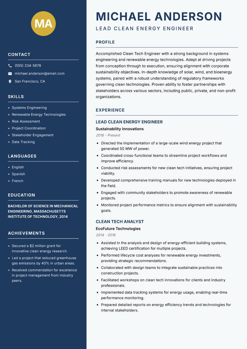 Clean Tech Engineer resume sample — Lead Clean Energy Engineer focus