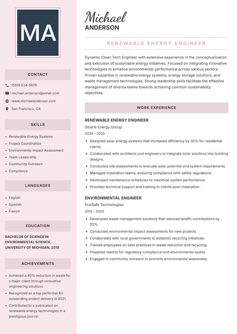Clean Tech Engineer resume sample — Renewable Energy Engineer focus
