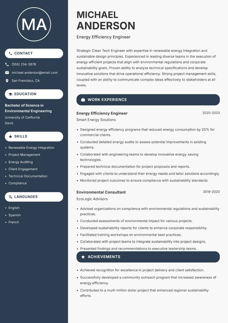 Clean Tech Engineer resume sample — Energy Efficiency Engineer focus