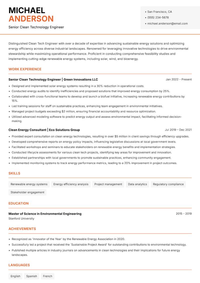 Clean Tech Engineer resume sample — Senior Clean Technology Engineer focus