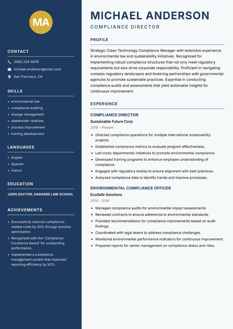 Clean Technology Compliance Manager resume sample — Compliance Director focus