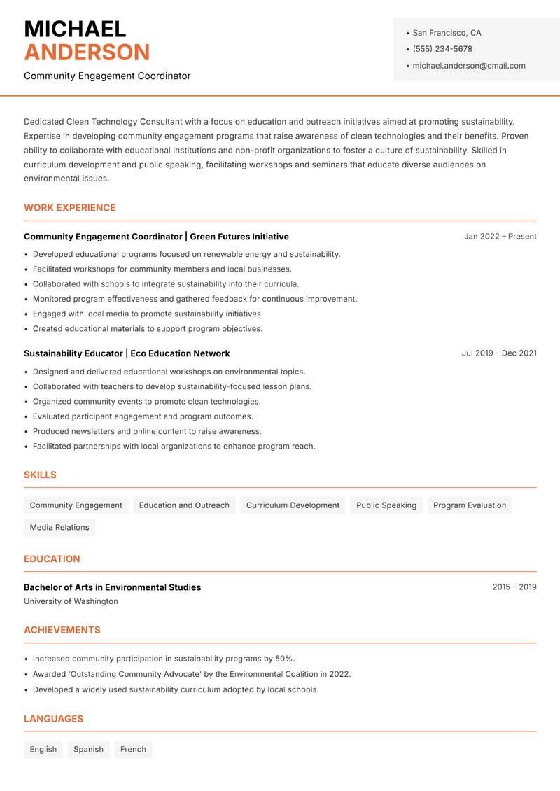 Clean Technology Consultant resume sample — Community Engagement Coordinator focus