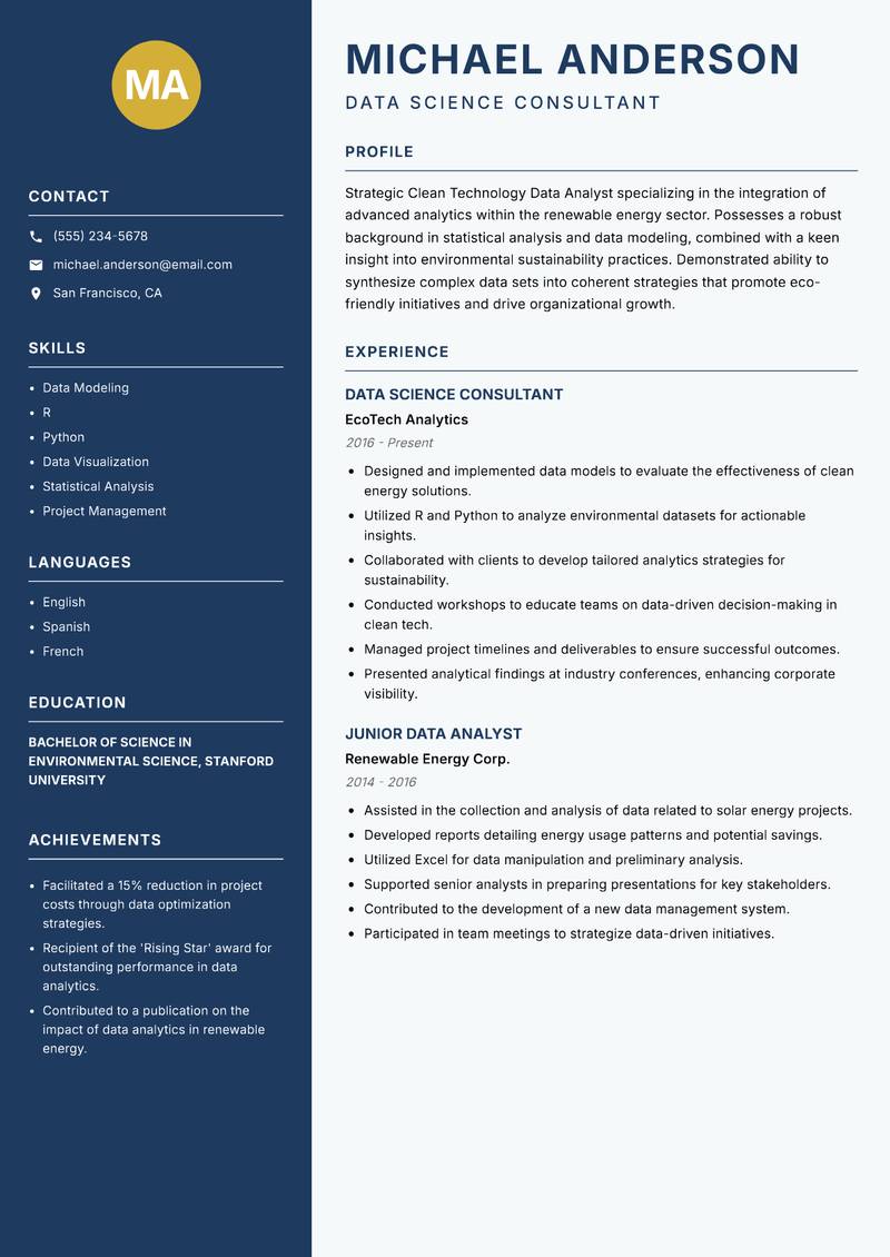 Clean Technology Data Analyst resume sample — Data Science Consultant focus