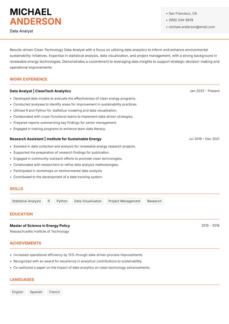 Clean Technology Data Analyst resume sample — Data Analyst focus