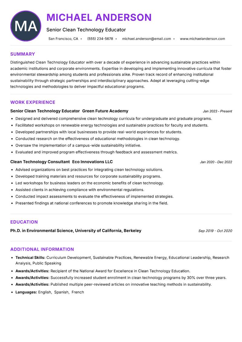 Clean Technology Educator resume example