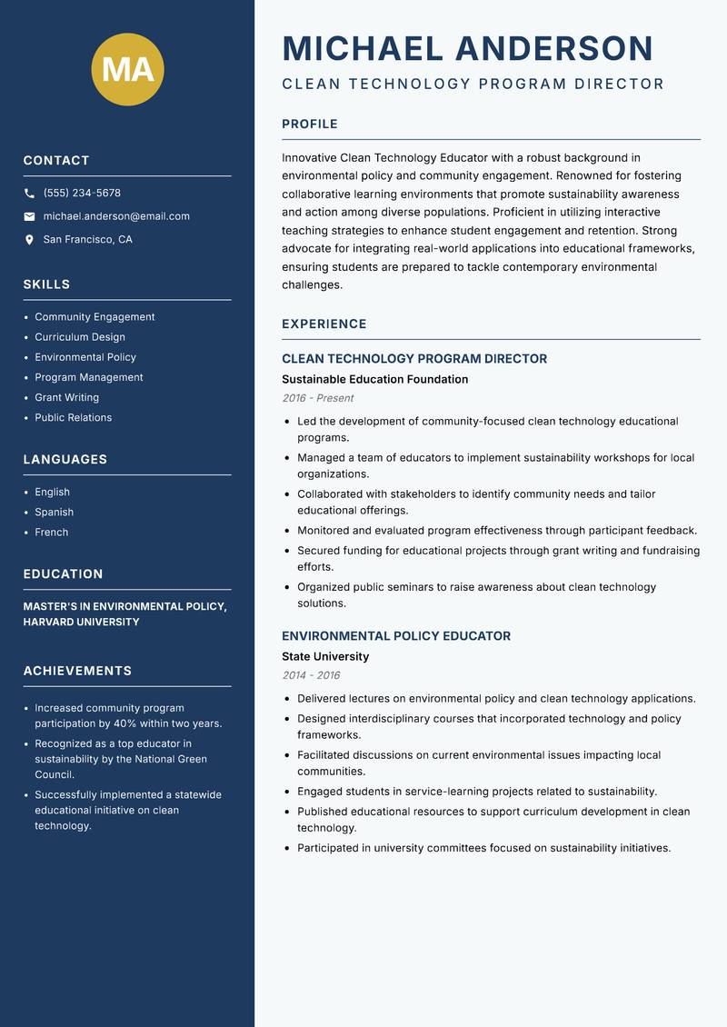 Clean Technology Educator resume sample — Clean Technology Program Director focus