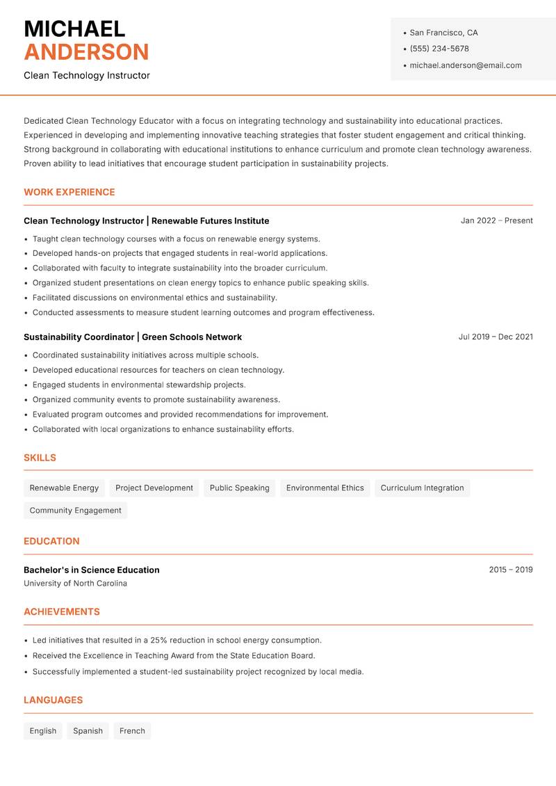 Clean Technology Educator resume sample — Clean Technology Instructor focus