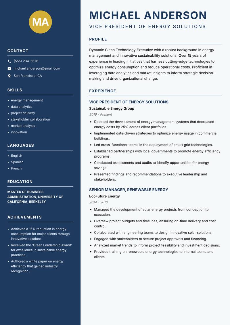 Clean Technology Executive resume sample — Vice President of Energy Solutions focus