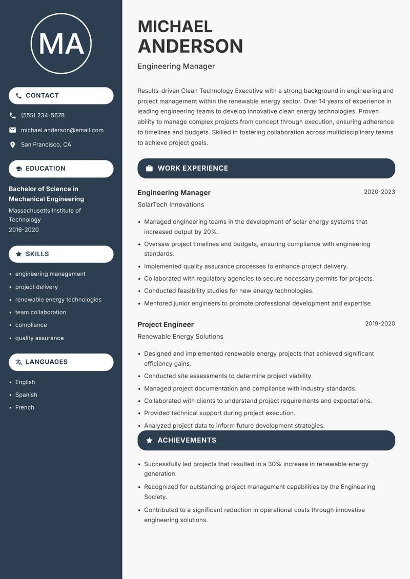 Clean Technology Executive resume sample — Engineering Manager focus