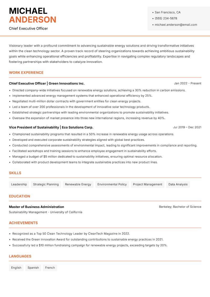 Clean Technology Executive resume sample — Chief Executive Officer focus