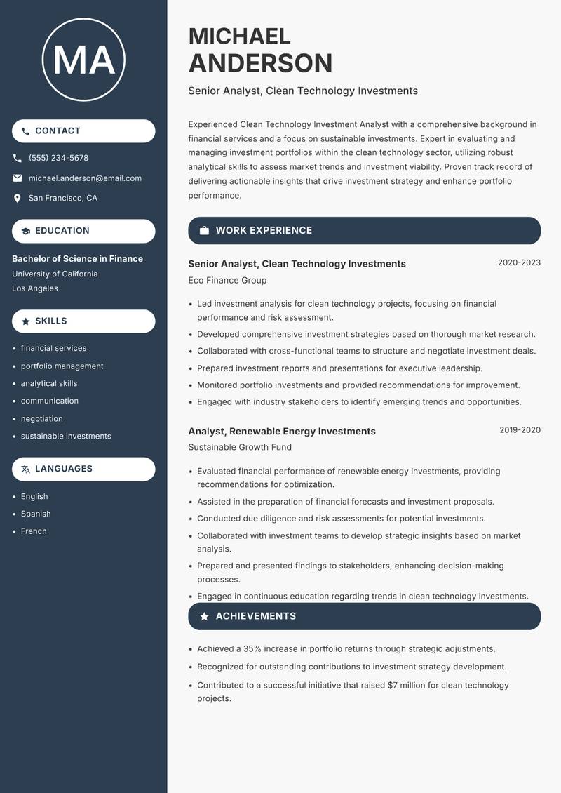 Clean Technology Investment Analyst resume sample — Senior Analyst, Clean Technology Investments focus