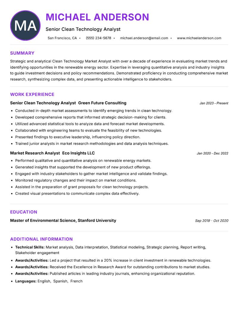 Clean Technology Market Analyst resume example